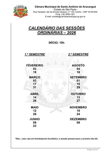Calendário das Sessões Ordinárias de 2026